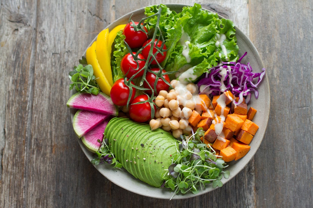 Bowl of fresh vegetables and healthy whole foods for gut health